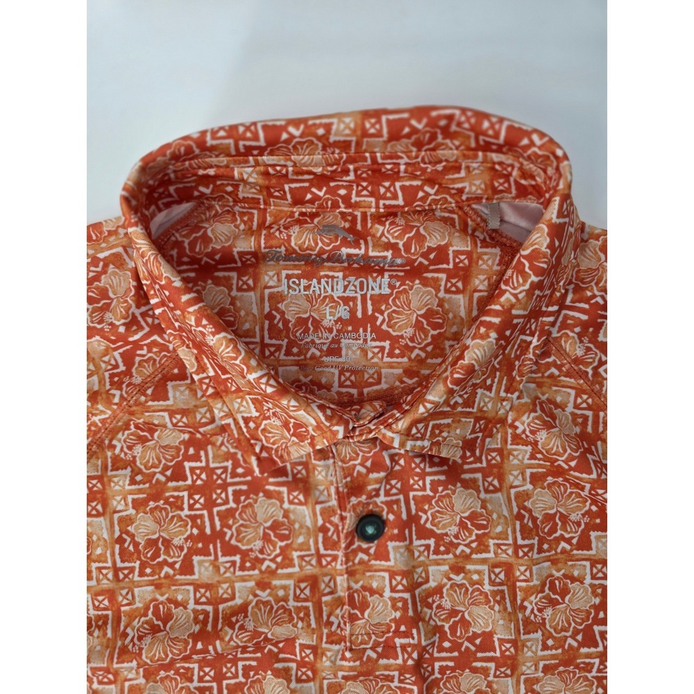 Tommy Bahama IslandZone Mens Large Orange Hibiscus Geometric Polo Shirt UPF 30